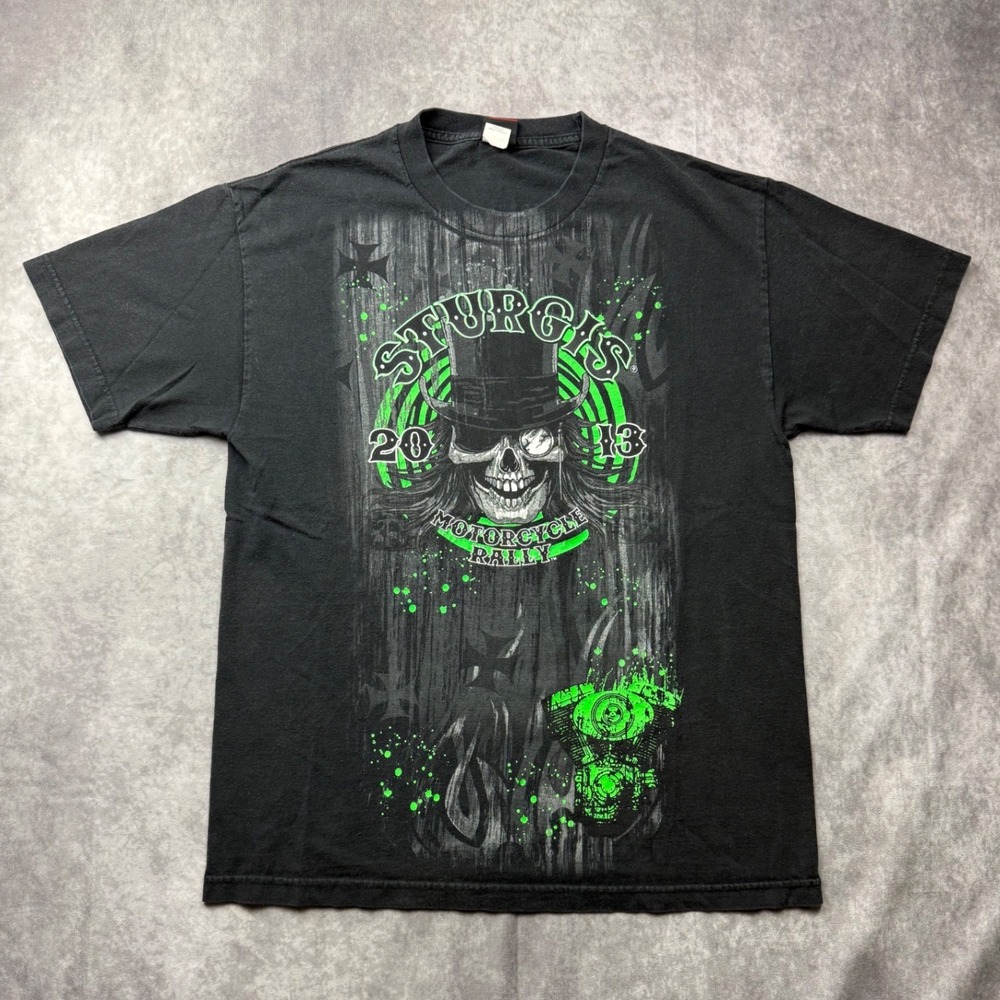 Hot Leathers Sturgis 2013 Motorcycle Rally Skull Top Hat T-Shirt Mens L Black